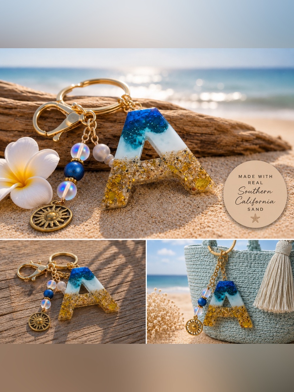 REAL California Sand Custom Artisan Blue and Gold Keychain Accessory - Picture 2 of 10
